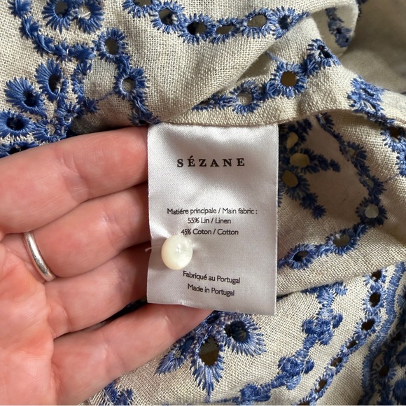 Sezane South Blouse in Ecru Blue Eyelet Embroidered Ruffle Linen Blend - Picture 9 of 13